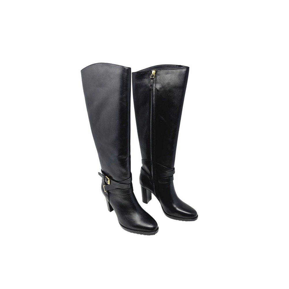 Lauren Ralph Lauren Black Burnished Calf Leather Tall Black Heel Boots 6.5 Women